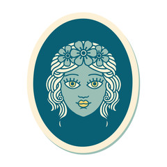 tattoo style sticker of a maiden with crown of flowers