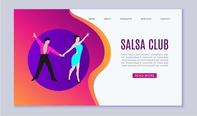 Salsa dancers club or dance school vector web template illustration. Dancing salsa or latina couple man and woman in cartoon style for dance school and studio website or landing.