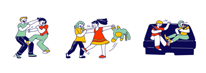 Little Kids Fighting and Quarreling at Playing Room, Classmates, Siblings or Friends Shouting and Hitting Each Other, Conflict Situation, Hyperactive Child, Cartoon Flat Vector Illustration, Line Art