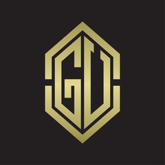 GU Logo monogram with hexagon shape and outline slice style with gold colors