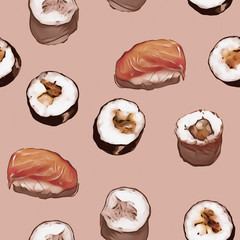 Fototapeta na wymiar Sushi seamless pattern. Watercolor Background. Food illustration.