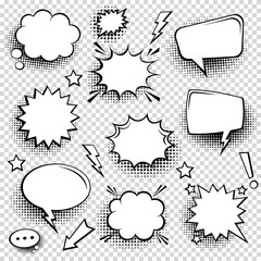 Collection of empty comic speech bubbles with halftone shadows. Hand drawn retro cartoon stickers. Pop art style. Vector illustration.