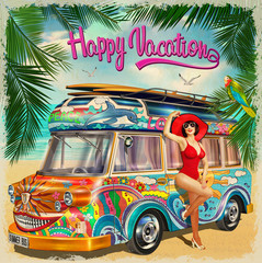 Summer holidays poster with retro bus and pin-up girl.