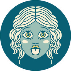 tattoo style icon of female face sticking out tongue