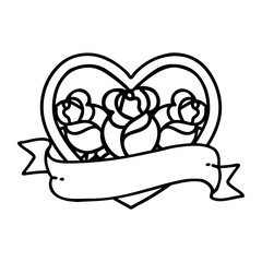 Obraz premium black line tattoo of a heart and banner with flowers