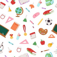 Fototapeta na wymiar Back to school collection vector seamless pattern. Different school supplies isolated on white. Paint, pencils, notepad, bag and microscope, globe, books for education background.