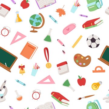 Back to school collection vector seamless pattern. Different school supplies isolated on white. Paint, pencils, notepad, bag and microscope, globe, books for education background.