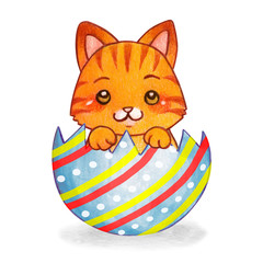 cute watercolor ginger kitten in a decorated half egg shell