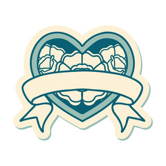 tattoo style sticker of a heart and banner with flowers