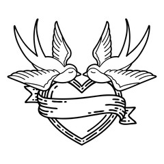 black line tattoo of a swallows and a heart with banner