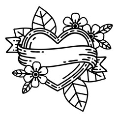 black line tattoo of a heart and banner