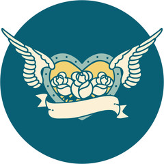 tattoo style icon of a flying heart with flowers and banner