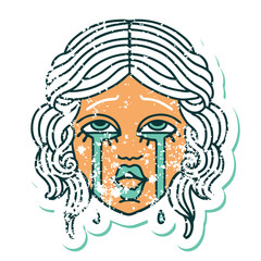 distressed sticker tattoo style icon of a very happy crying female face