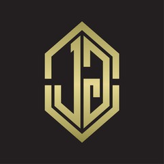 JG Logo monogram with hexagon shape and outline slice style with gold colors