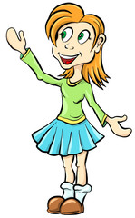 Vector cartoon girl. Character girl smiling. Cartoon happy girl showing something