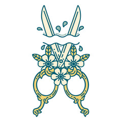 tattoo style icon of a barber scissors and flowers