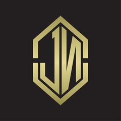 JN Logo monogram with hexagon shape and outline slice style with gold colors