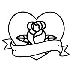 black line tattoo of a heart rose and banner