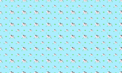 cow and grass on blue background. vector seamless pattern background.