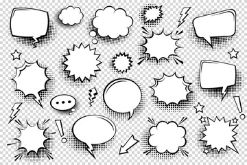 Fototapeta premium Collection of empty comic speech bubbles with halftone shadows. Hand drawn retro cartoon stickers. Pop art style. Vector illustration.