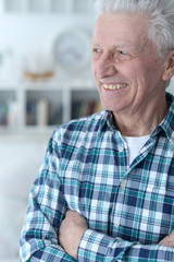 Portrait of happy senior man posing at home