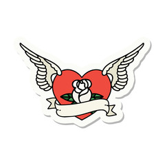 tattoo style sticker of a flying heart with flowers and banner