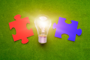 Two puzzle pieces, a light bulb on a green background. Business idea, creative.