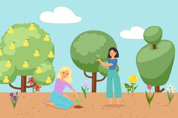 Woman plants flowers in spring garden with blooming flowers, grass and trees cartoon vector illustration. Beautiful woman young ladies in spring garden background.
