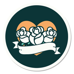 tattoo style sticker of a heart and banner with flowers