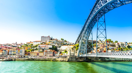 View on Maria Pia bridge over the Douro River, at Porto, Portugal
