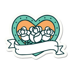tattoo style sticker of a heart and banner with flowers