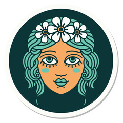 tattoo style sticker of female face with crown of flowers