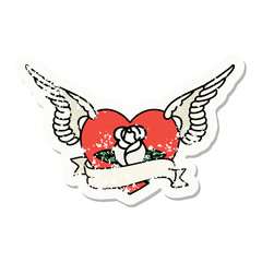 traditional distressed sticker tattoo of a flying heart with flowers and banner