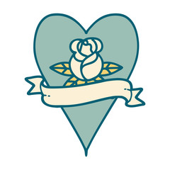 tattoo style icon of a heart rose and banner