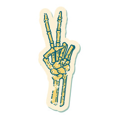 distressed sticker tattoo style icon of a skeleton hand giving a peace sign