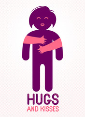 Hugs and kisses with loving hands of beloved person and kissing lips, lover woman hugging her mate and shares love, vector icon logo or illustration in simplistic symbolic style.
