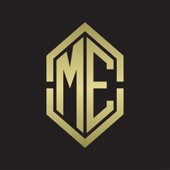ME Logo monogram with hexagon shape and outline slice style with gold colors