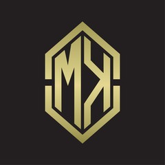 MK Logo monogram with hexagon shape and outline slice style with gold colors