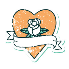 distressed sticker tattoo style icon of a heart rose and banner