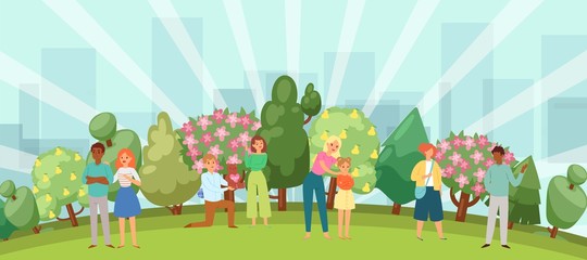 People relaxing in nature in a beautiful urban park, city skyline on the background cartoon vector illustration. Young couple, men and women with children walk in spring blossom park.