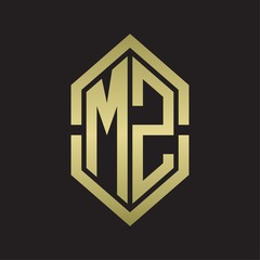 MZ Logo monogram with hexagon shape and outline slice style with gold colors