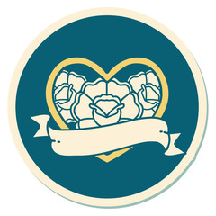 tattoo style sticker of a heart and banner with flowers