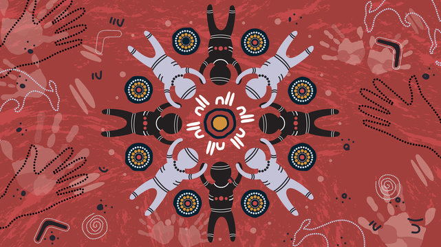 Aboriginal Dot Art Vector Painting. Friendship And Unity Concept