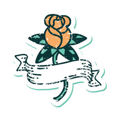 distressed sticker tattoo style icon of a rose and banner