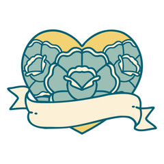 tattoo style icon of a heart and banner with flowers