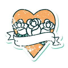 distressed sticker tattoo style icon of a heart and banner with flowers