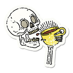traditional distressed sticker tattoo of a skull drinking coffee