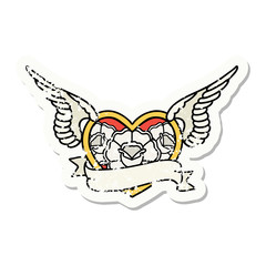 traditional distressed sticker tattoo of a flying heart with flowers and banner