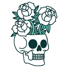 tattoo style icon of a skull and roses
