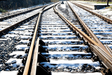 Gleise, Schienen und Weichen im Schnee Industriegebiet Ruhrgebiet, Ruhrpott	